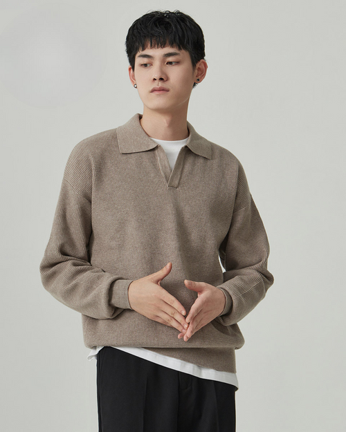 Breathable Knitted V Neck Polo Sweater